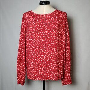 J. Crew Cottagecore Ditsy Floral Scoop Neck Long Sleeve Red/White Blouse Size SM